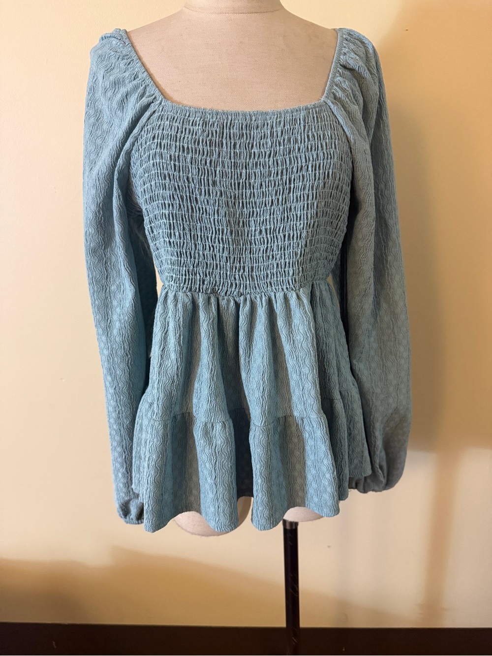 ARULA Light Blue Smocked Peplum Long-Sleeve Top